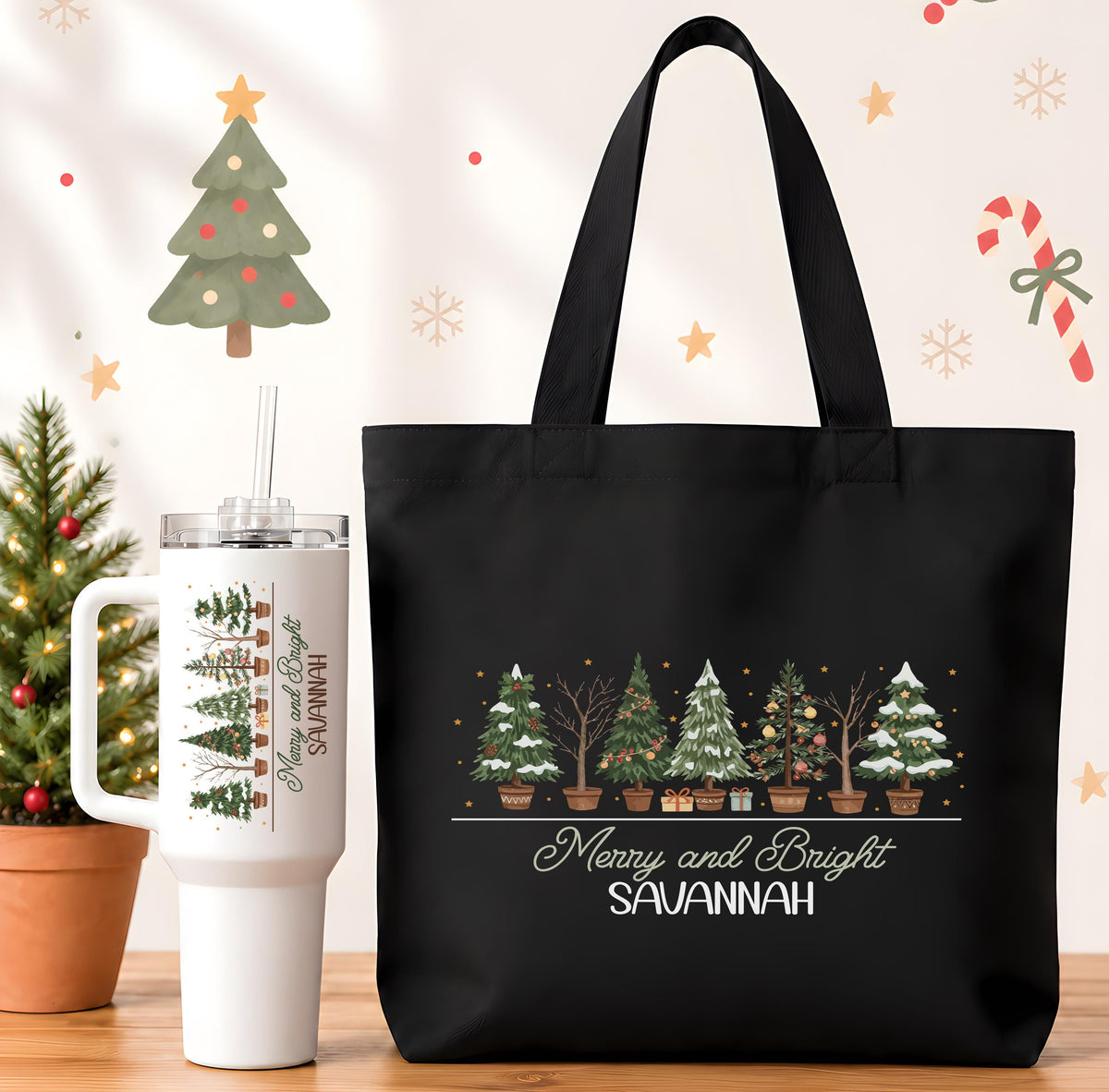 Personalized Merry And Bright Tumbler & Canvas Tote Bag, Custom Name Christmas Travel Cup and Shoulder Bag Set, Xmas Holiday Gift for Her