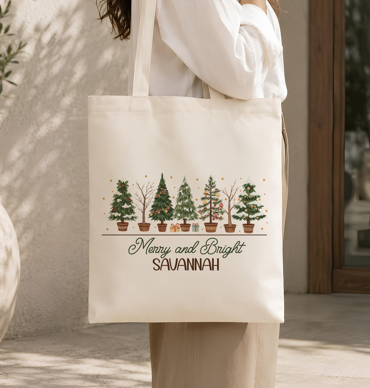 Personalized Merry And Bright Tumbler & Canvas Tote Bag, Custom Name Christmas Travel Cup and Shoulder Bag Set, Xmas Holiday Gift for Her