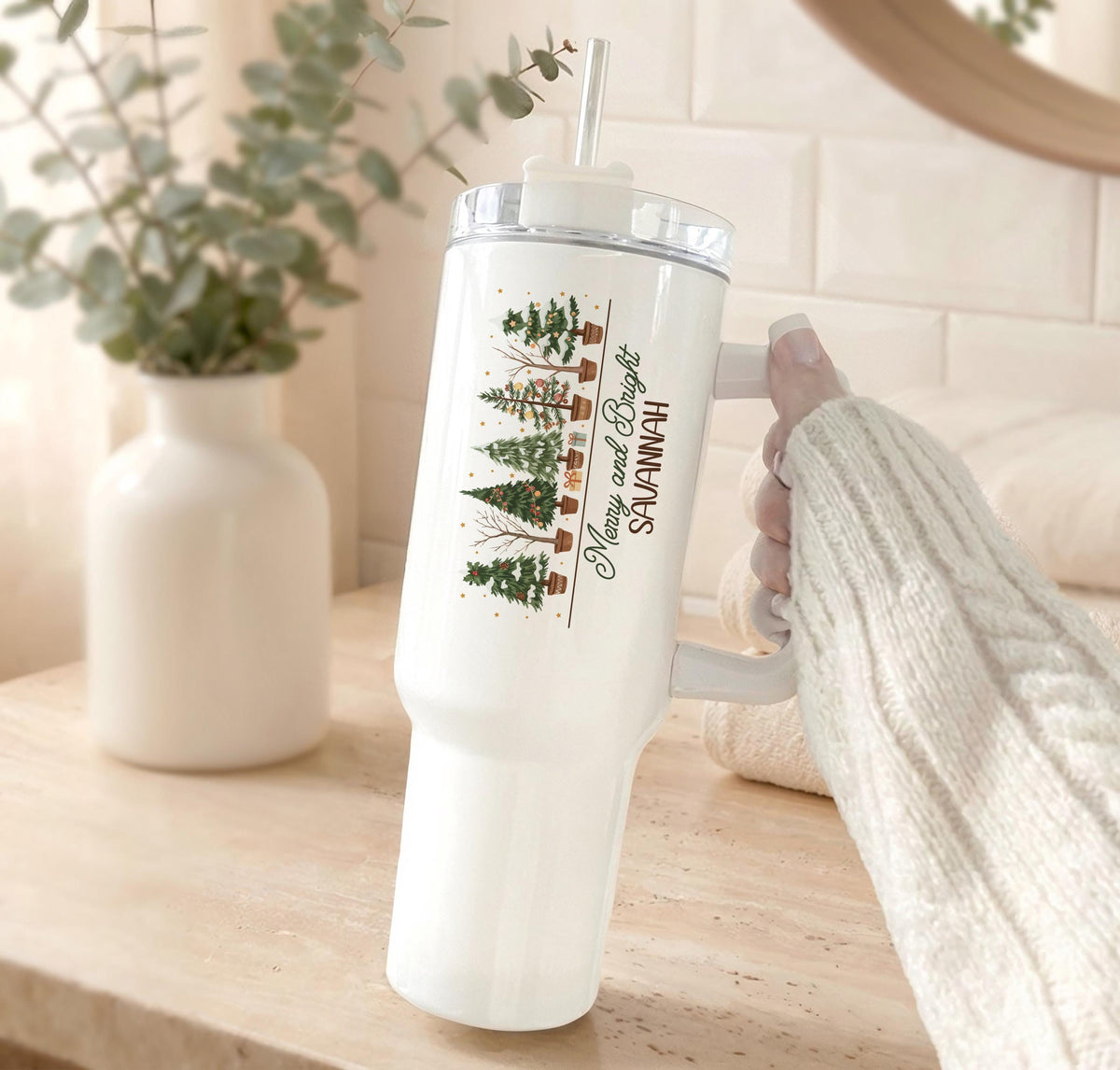 Personalized Merry And Bright Tumbler & Canvas Tote Bag, Custom Name Christmas Travel Cup and Shoulder Bag Set, Xmas Holiday Gift for Her