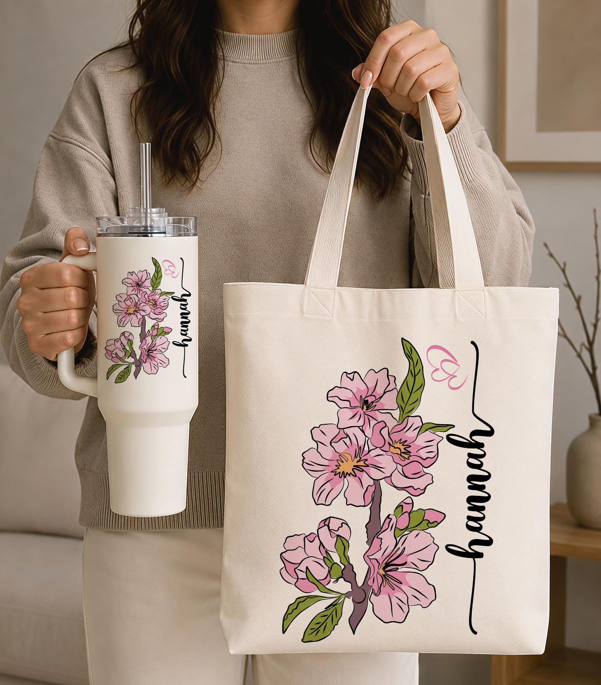 Personalized Floral Canvas Shoulder Bag & Stainless Travel Tumbler, Custom Name Birth Month Flower Cup and Tote Set, Boho Birthday Gift