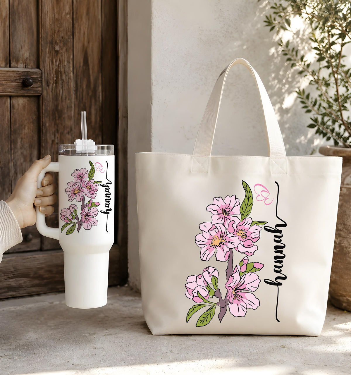 Personalized Floral Canvas Shoulder Bag & Stainless Travel Tumbler, Custom Name Birth Month Flower Cup and Tote Set, Boho Birthday Gift