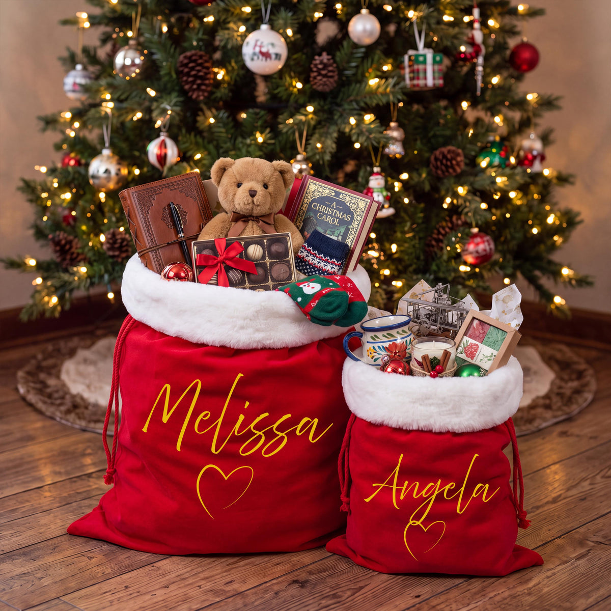 Custom Name with Heart Santa Sacks, Christmas Gift Bag, XMAS Kids Present Sack, Matching Family Toy Gift Bag