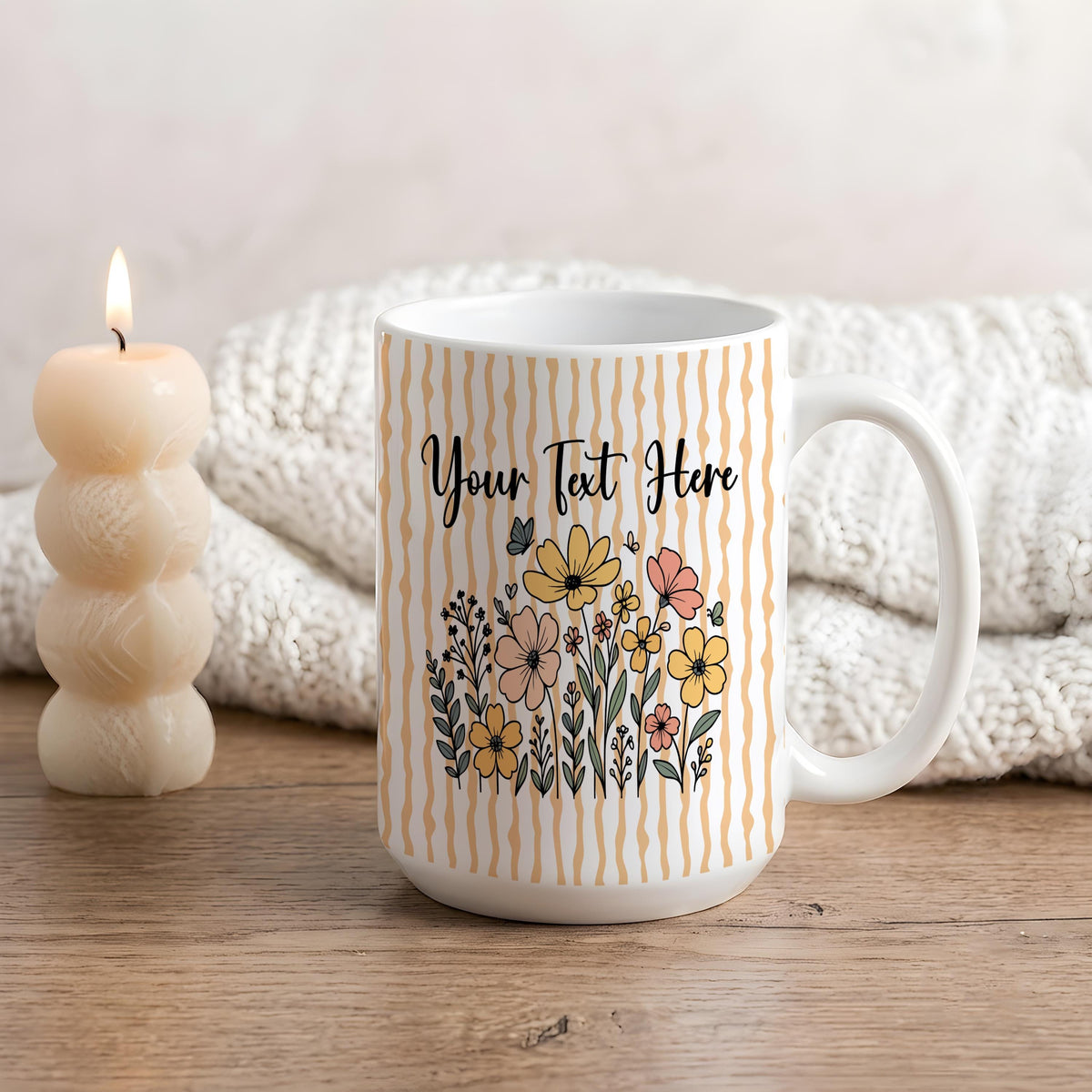 Personalized Striped Pattern Floral Accent Mug, Custom Text Botanical Ceramic Coffee Cup, Cottagecore Gift For Her, Mom Birthday Gift