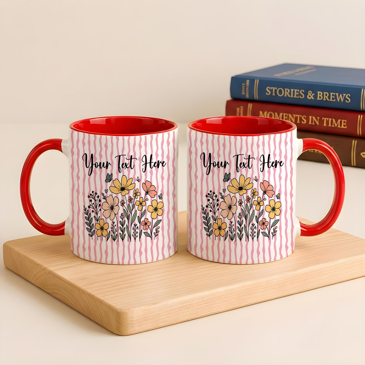 Personalized Striped Pattern Floral Accent Mug, Custom Text Botanical Ceramic Coffee Cup, Cottagecore Gift For Her, Mom Birthday Gift