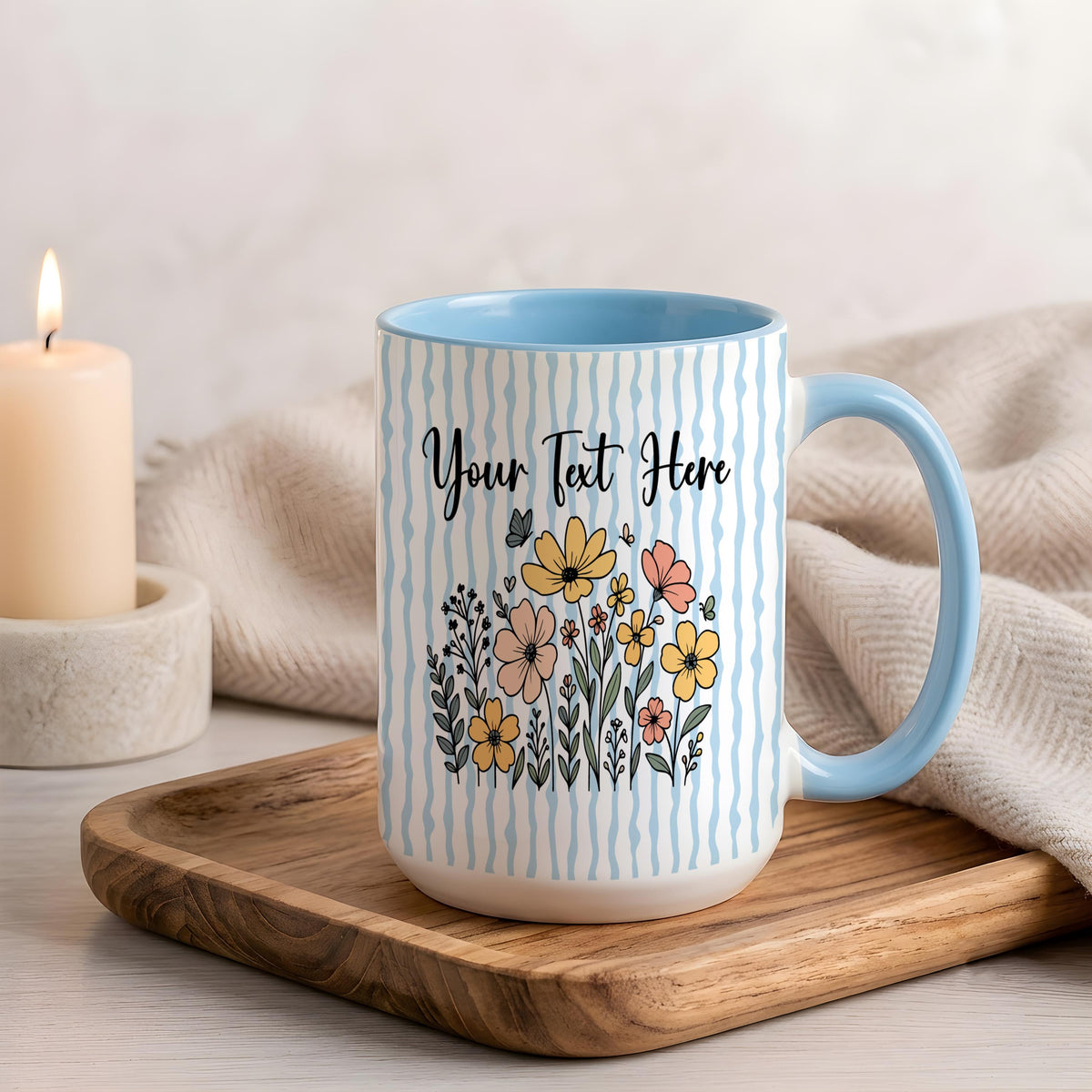 Personalized Striped Pattern Floral Accent Mug, Custom Text Botanical Ceramic Coffee Cup, Cottagecore Gift For Her, Mom Birthday Gift