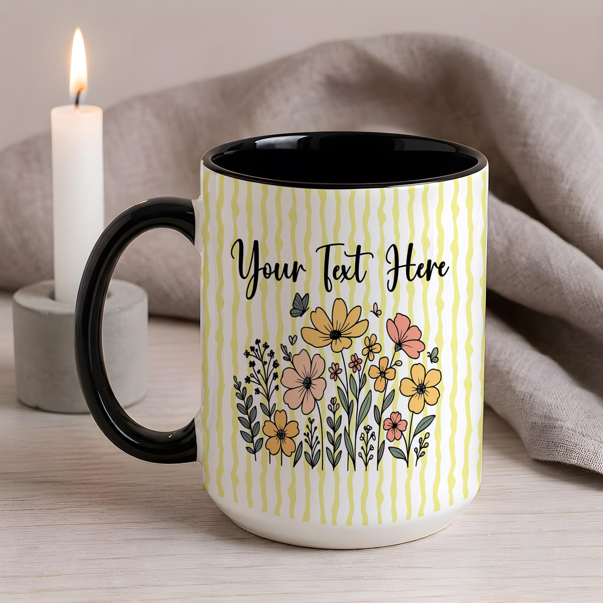 Personalized Striped Pattern Floral Accent Mug, Custom Text Botanical Ceramic Coffee Cup, Cottagecore Gift For Her, Mom Birthday Gift