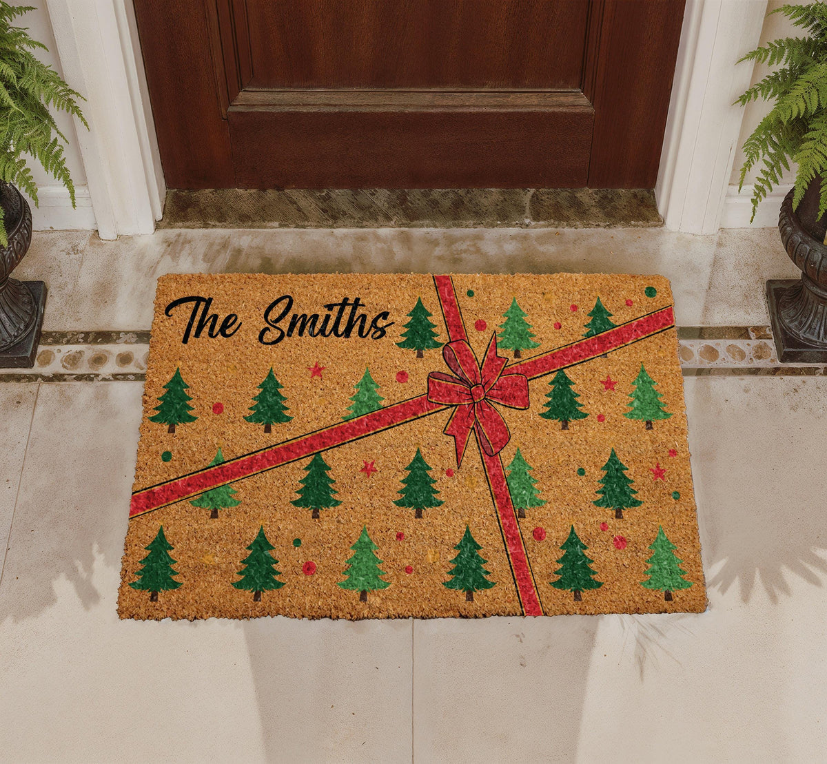 Personalized Christmas Ribbon Gift Box Doormat, Custom Family Name Holiday Welcome Mat, Festive Red Bow Pine Tree Entrance Decor Gift