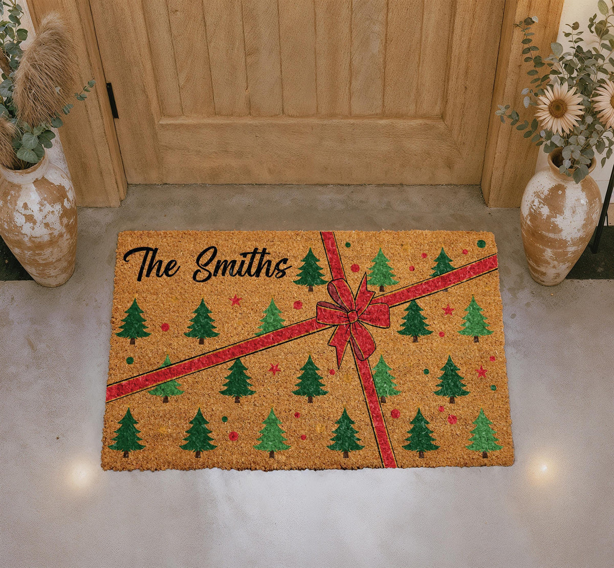 Personalized Christmas Ribbon Gift Box Doormat, Custom Family Name Holiday Welcome Mat, Festive Red Bow Pine Tree Entrance Decor Gift