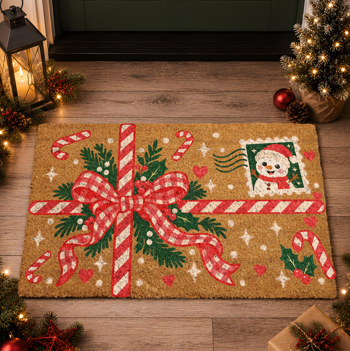 Retro Christmas Ribbon Envelope Doormat, Festive Snowman Postage Stamp Welcome Mat, Winter Seasonal Entry Decor, Christmas Lovers Gift
