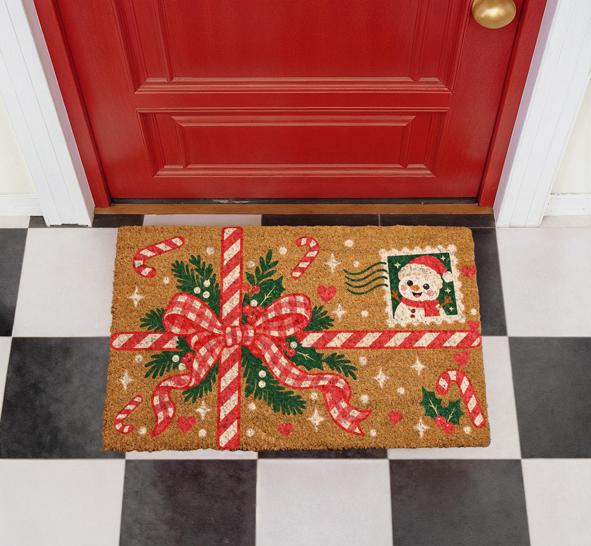 Retro Christmas Ribbon Envelope Doormat, Festive Snowman Postage Stamp Welcome Mat, Winter Seasonal Entry Decor, Christmas Lovers Gift