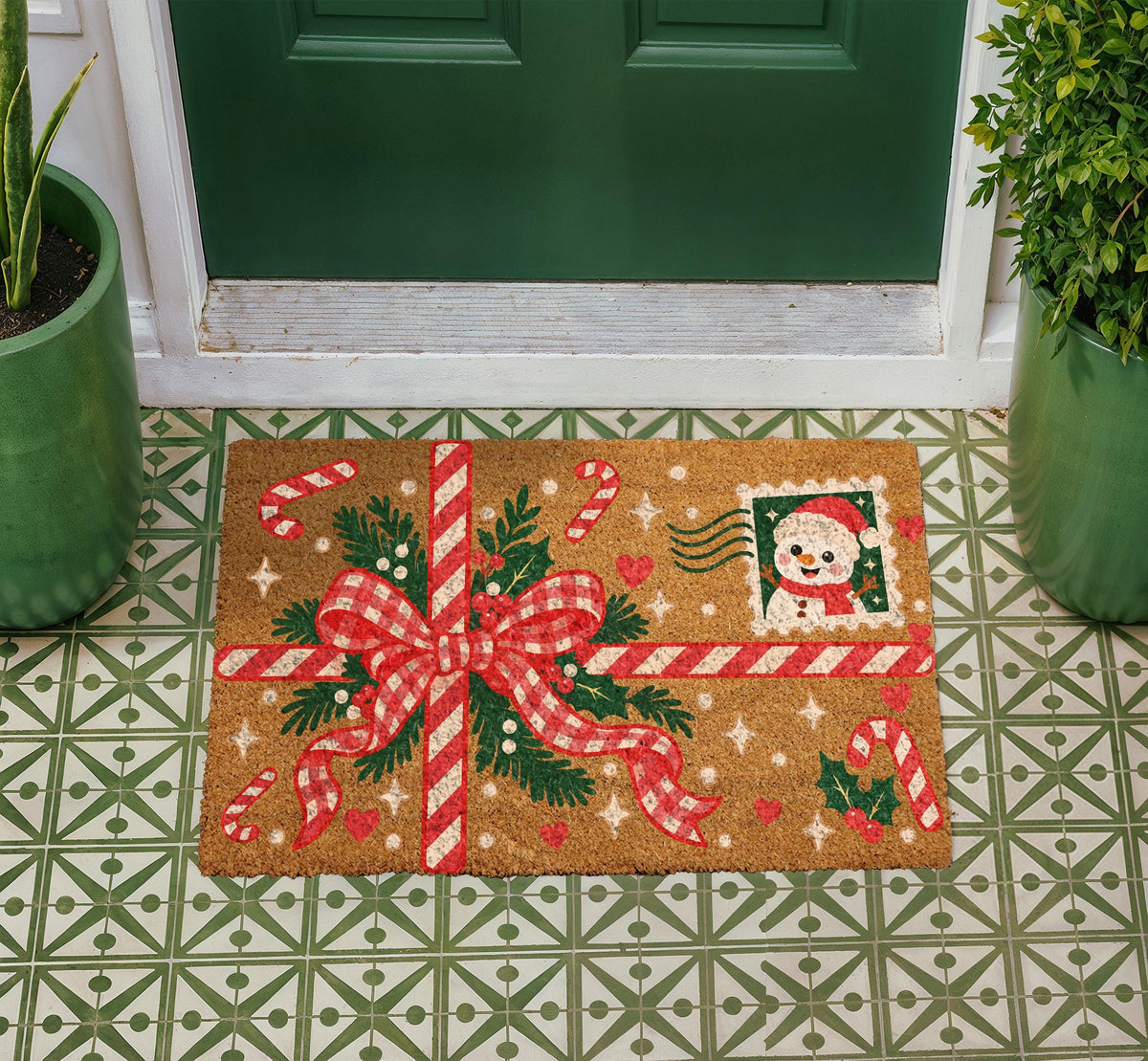 Retro Christmas Ribbon Envelope Doormat, Festive Snowman Postage Stamp Welcome Mat, Winter Seasonal Entry Decor, Christmas Lovers Gift