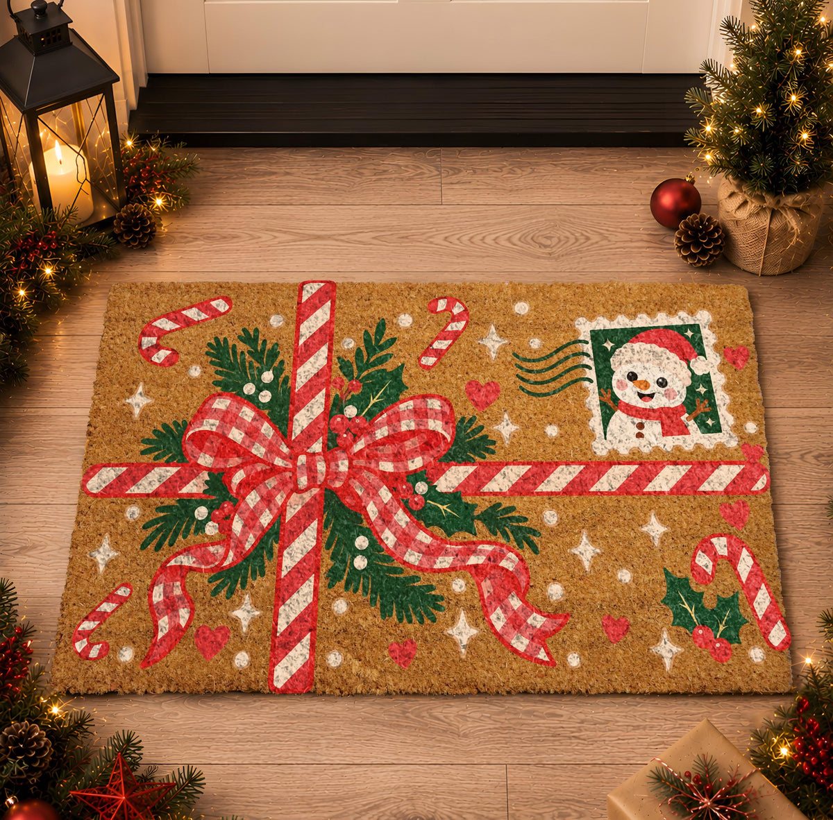Retro Christmas Ribbon Envelope Doormat, Festive Snowman Postage Stamp Welcome Mat, Winter Seasonal Entry Decor, Christmas Lovers Gift