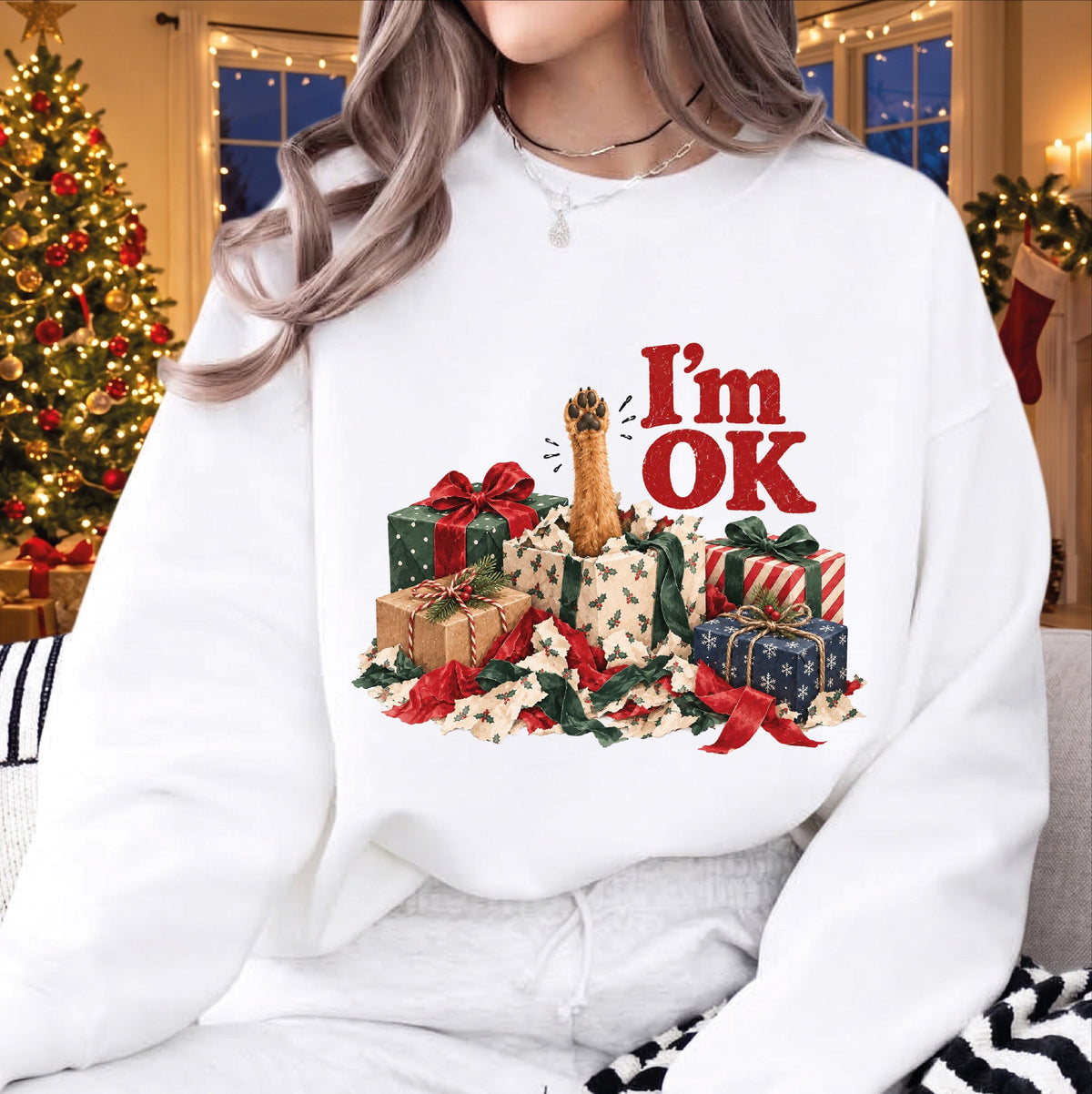 Funny Pet Christmas Sweatshirt, I'm OK Cat Gift Box Crewneck, Cute Holiday Sweater, Christmas Gift for Cat Lovers