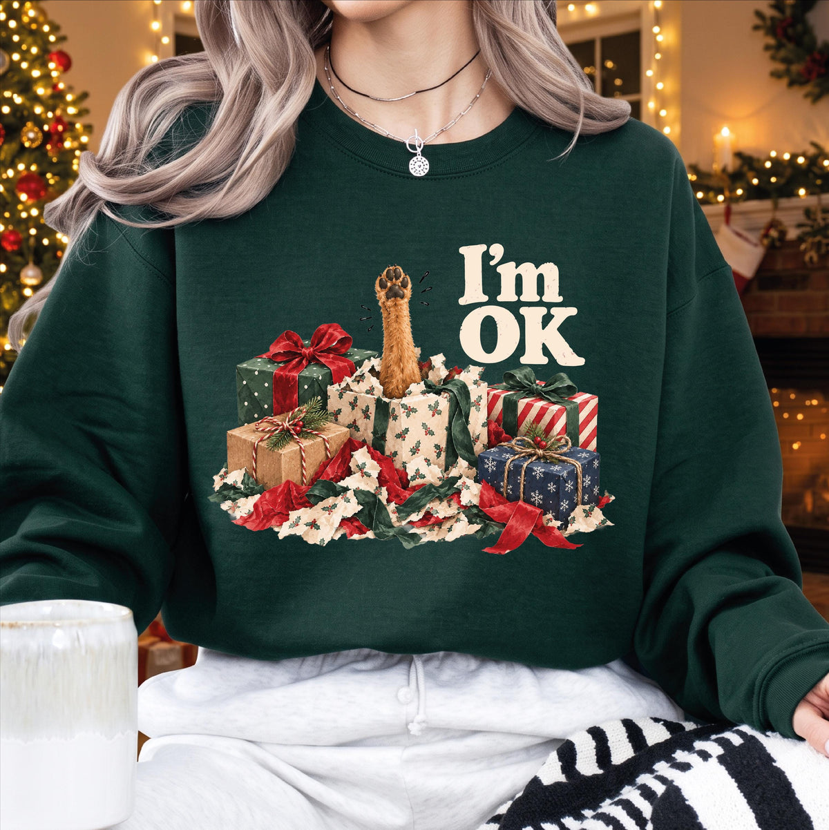 Funny Pet Christmas Sweatshirt, I'm OK Cat Gift Box Crewneck, Cute Holiday Sweater, Christmas Gift for Cat Lovers