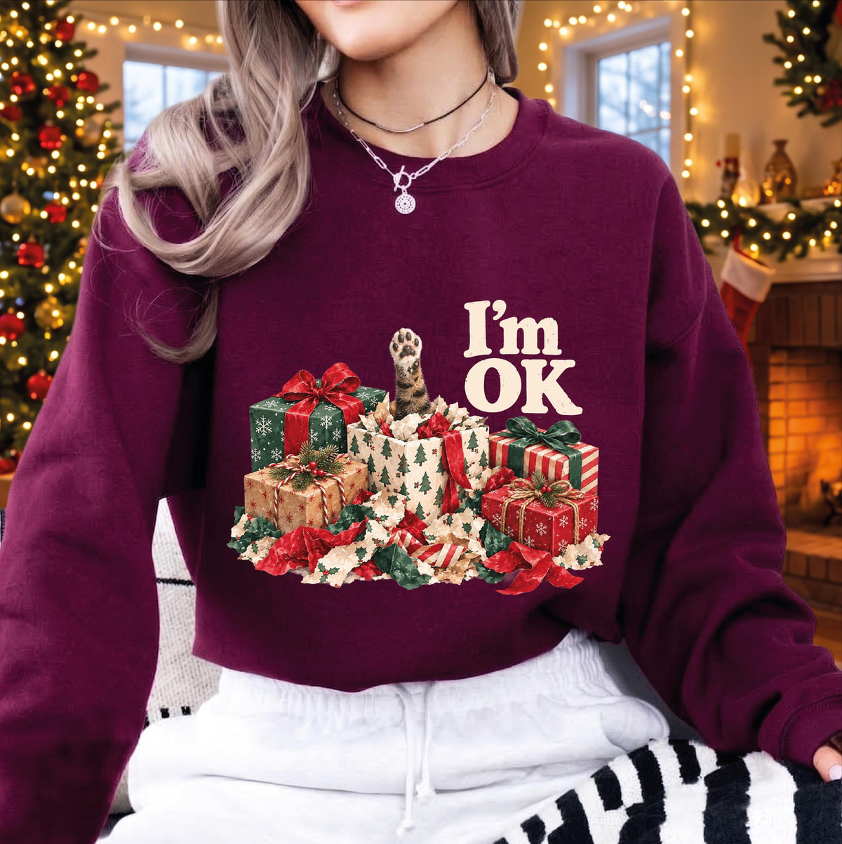 Funny Pet Christmas Sweatshirt, I'm OK Cat Gift Box Crewneck, Cute Holiday Sweater, Christmas Gift for Cat Lovers