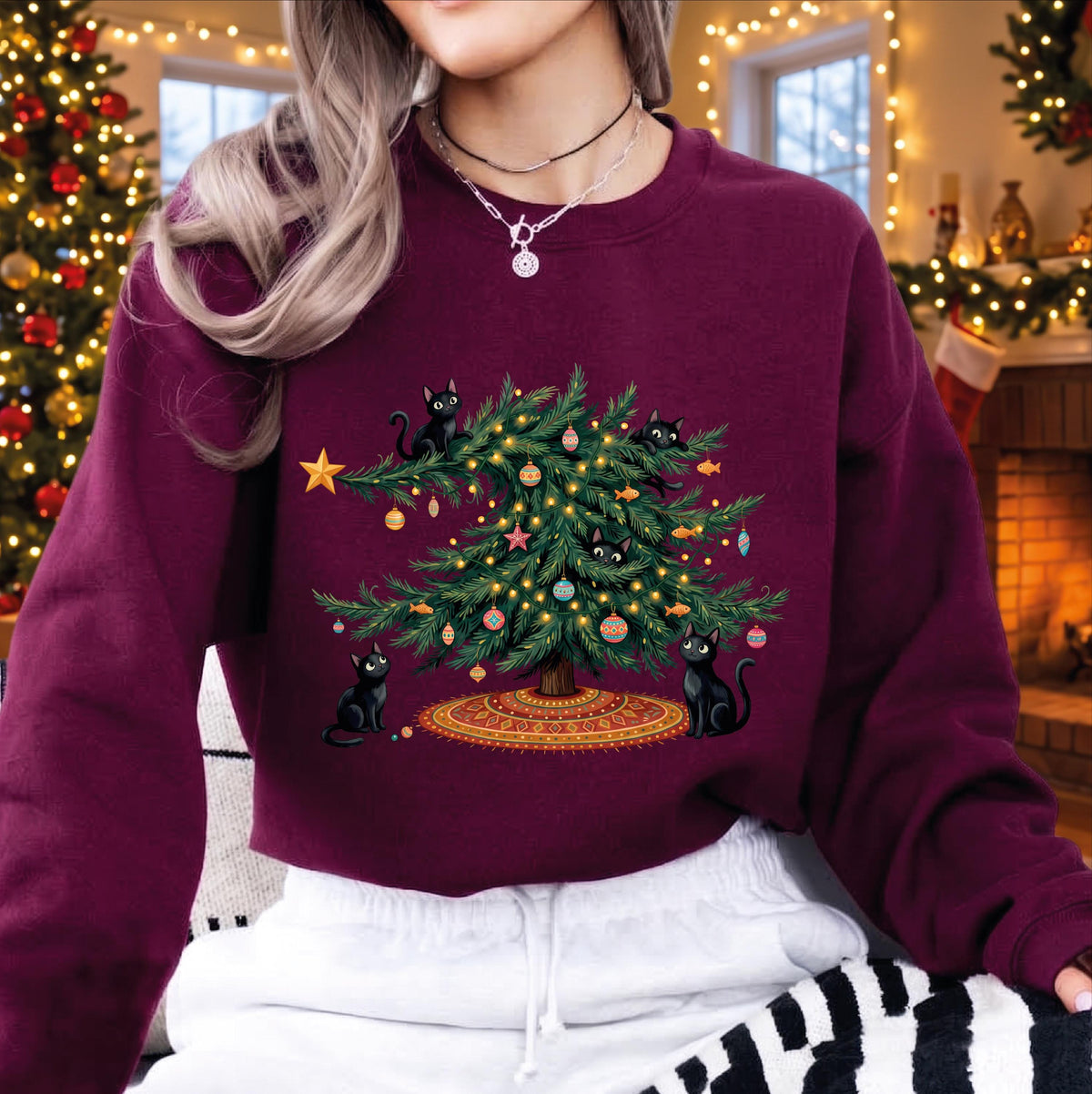 Funny Pet Christmas Tree Sweatshirt, Naughty Cat and Dog Holiday Shirt, Dog Mom Xmas Gift, Black Cat Winter Apparel, Pet Lover Sweater