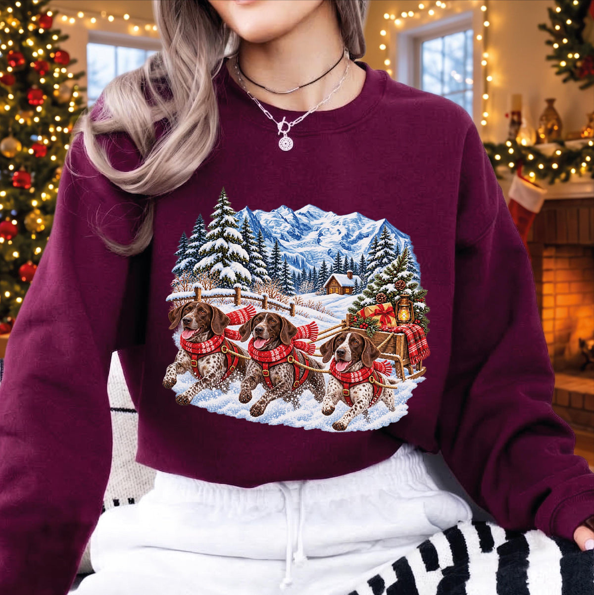 Vintage Christmas Dog Sled Sweatshirt, Custom Breed Holiday Pullover, Winter Wonderland Dog Mom Shirt, Retro Snowy Mountain Sweater
