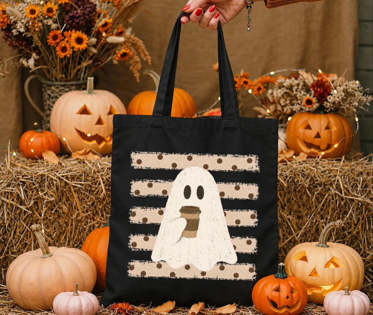 Ghost with Coffee Tote Bag, Halloween Coffee Bag, Spooky Coffee Lover Gift Tote