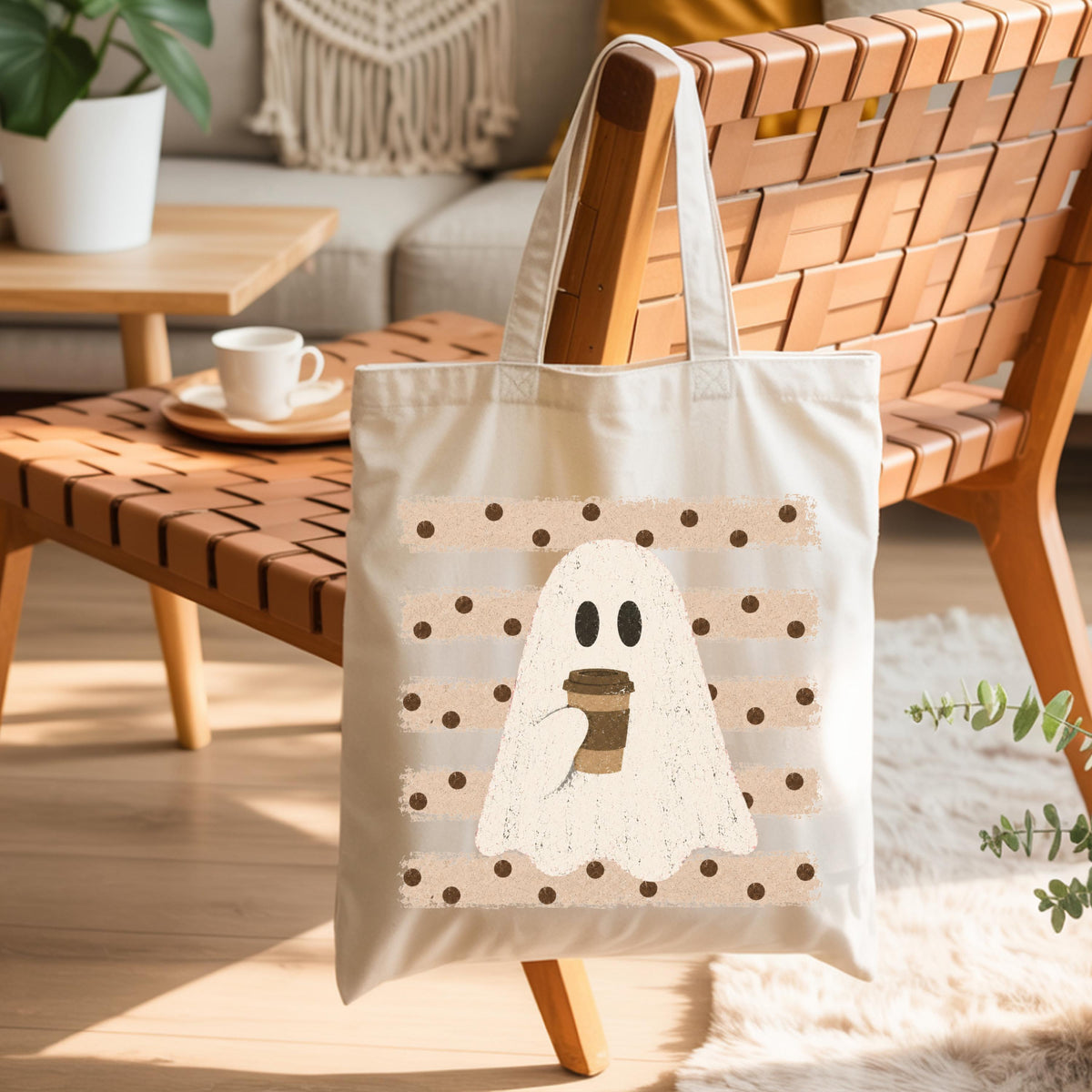 Ghost with Coffee Tote Bag, Halloween Coffee Bag, Spooky Coffee Lover Gift Tote
