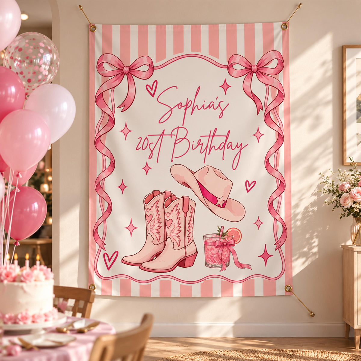 Personalized Coquette Birthday Banner, Preppy Cowgirl Party Backdrop, Custom Striped Cowboy Boots and Hat Decor