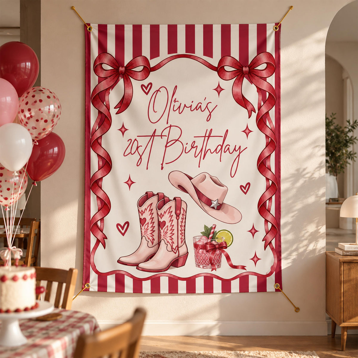 Personalized Coquette Birthday Banner, Preppy Cowgirl Party Backdrop, Custom Striped Cowboy Boots and Hat Decor
