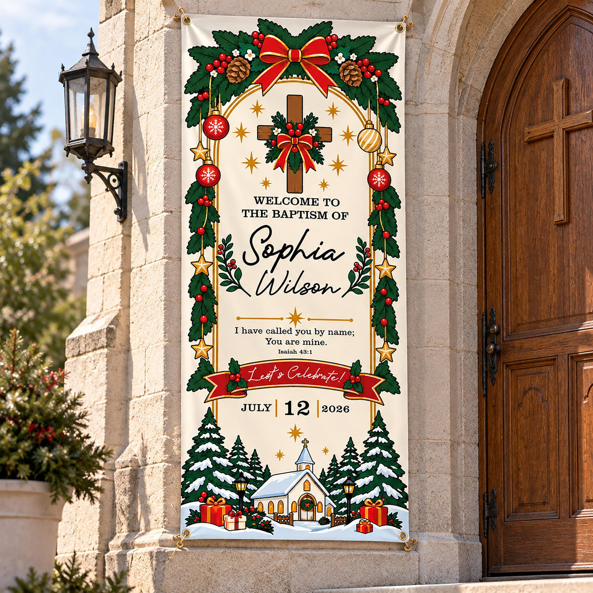 Personalized Christmas Baptism Banner, Winter Christening Welcome Sign, Custom Baby Name Decor