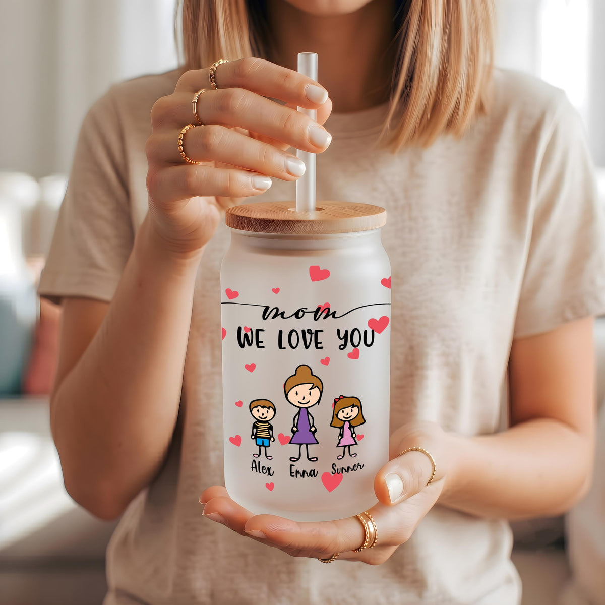 Personalized Mom Glass Cup with Straw, Custom Kids Stick Figure Beverage Cup, Mother's Day Gift, Cute Family We Love You Present