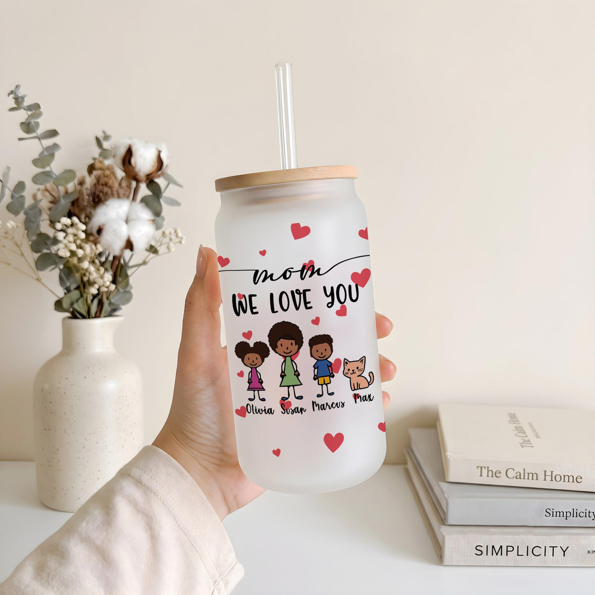 Personalized Mom Glass Cup with Straw, Custom Kids Stick Figure Beverage Cup, Mother's Day Gift, Cute Family We Love You Present
