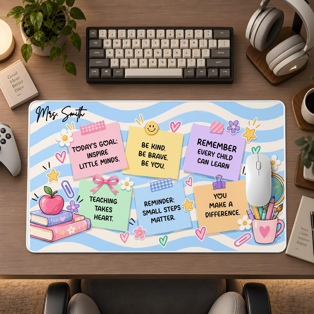 Personalized Teacher Desk Mat, Custom Name Sticky Note Mouse Pad, Classroom Pastel Wave Keyboard Runner, Cute Educator Appreciation Gift