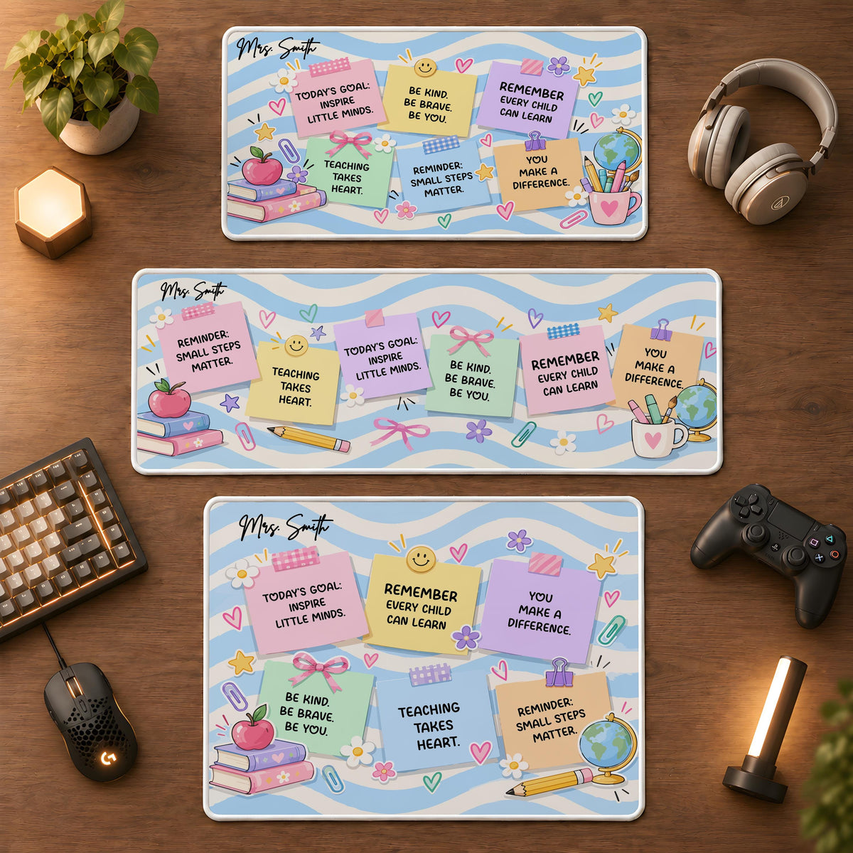 Personalized Teacher Desk Mat, Custom Name Sticky Note Mouse Pad, Classroom Pastel Wave Keyboard Runner, Cute Educator Appreciation Gift