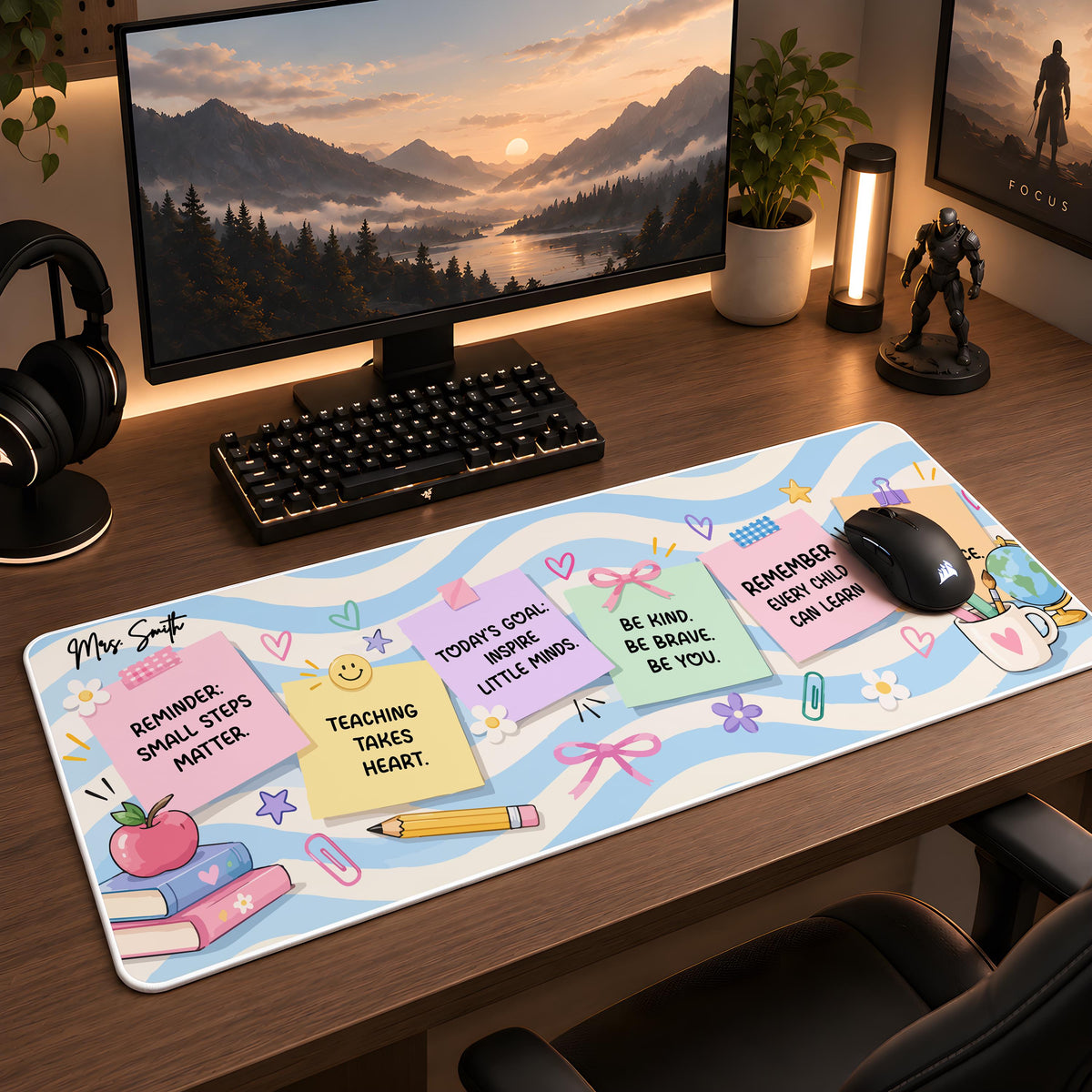 Personalized Teacher Desk Mat, Custom Name Sticky Note Mouse Pad, Classroom Pastel Wave Keyboard Runner, Cute Educator Appreciation Gift