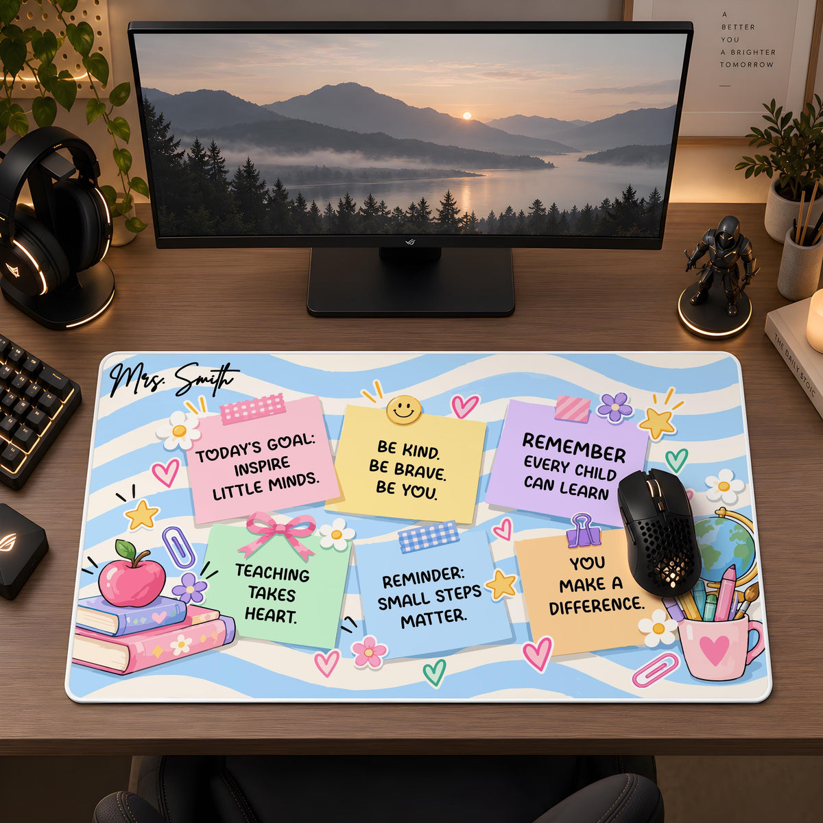 Personalized Teacher Desk Mat, Custom Name Sticky Note Mouse Pad, Classroom Pastel Wave Keyboard Runner, Cute Educator Appreciation Gift