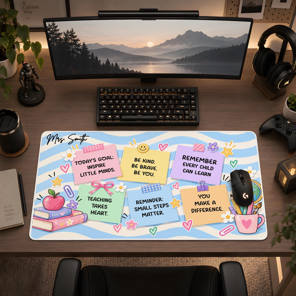 Personalized Teacher Desk Mat, Custom Name Sticky Note Mouse Pad, Classroom Pastel Wave Keyboard Runner, Cute Educator Appreciation Gift