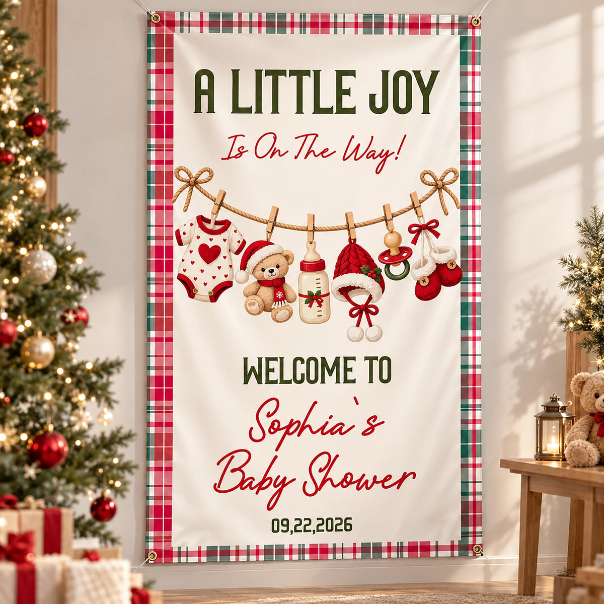 Christmas Baby Shower Banner, Teddy Bear Winter Baby Shower Welcome Sign, A Little Joy is on the Way Tapestry