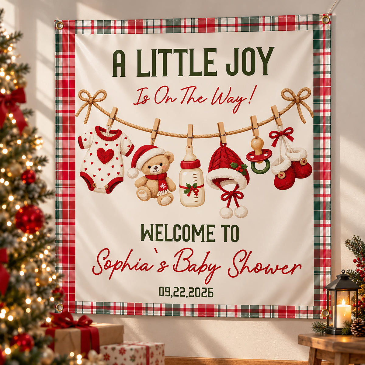 Christmas Baby Shower Banner, Teddy Bear Winter Baby Shower Welcome Sign, A Little Joy is on the Way Tapestry