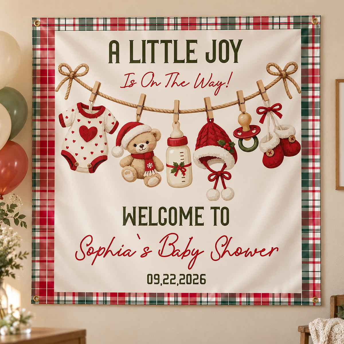 Christmas Baby Shower Banner, Teddy Bear Winter Baby Shower Welcome Sign, A Little Joy is on the Way Tapestry