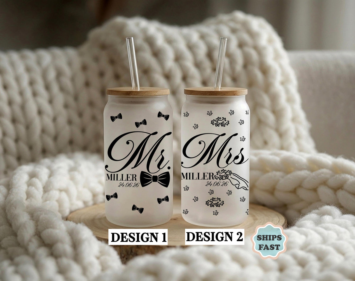 Personalized Mr and Mrs Glass Can Cup with Straw, Custom Wedding Date Beverage Cup, Bride & Groom Matching Gift, Newlyweds Drinkware
