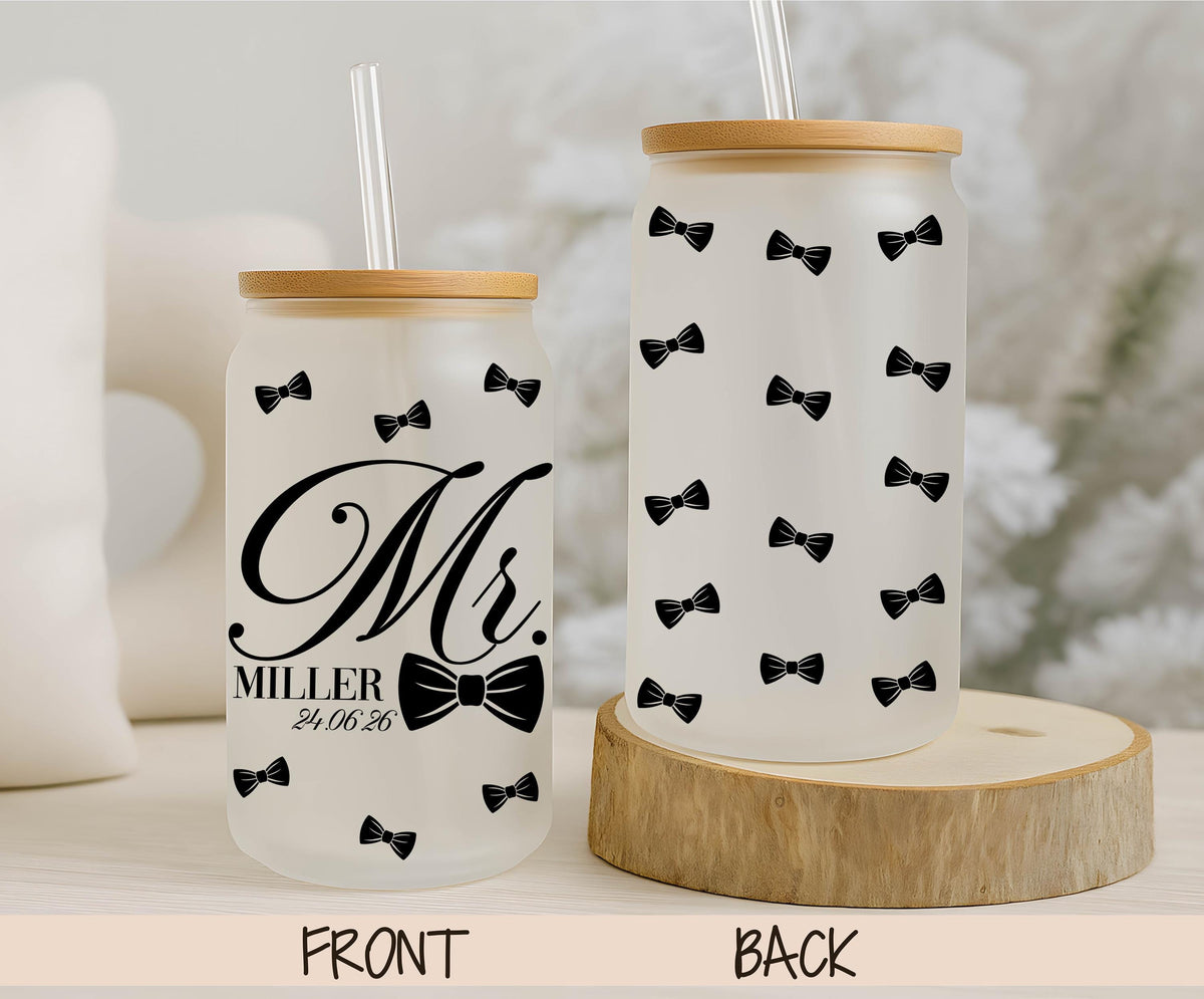 Personalized Mr and Mrs Glass Can Cup with Straw, Custom Wedding Date Beverage Cup, Bride & Groom Matching Gift, Newlyweds Drinkware