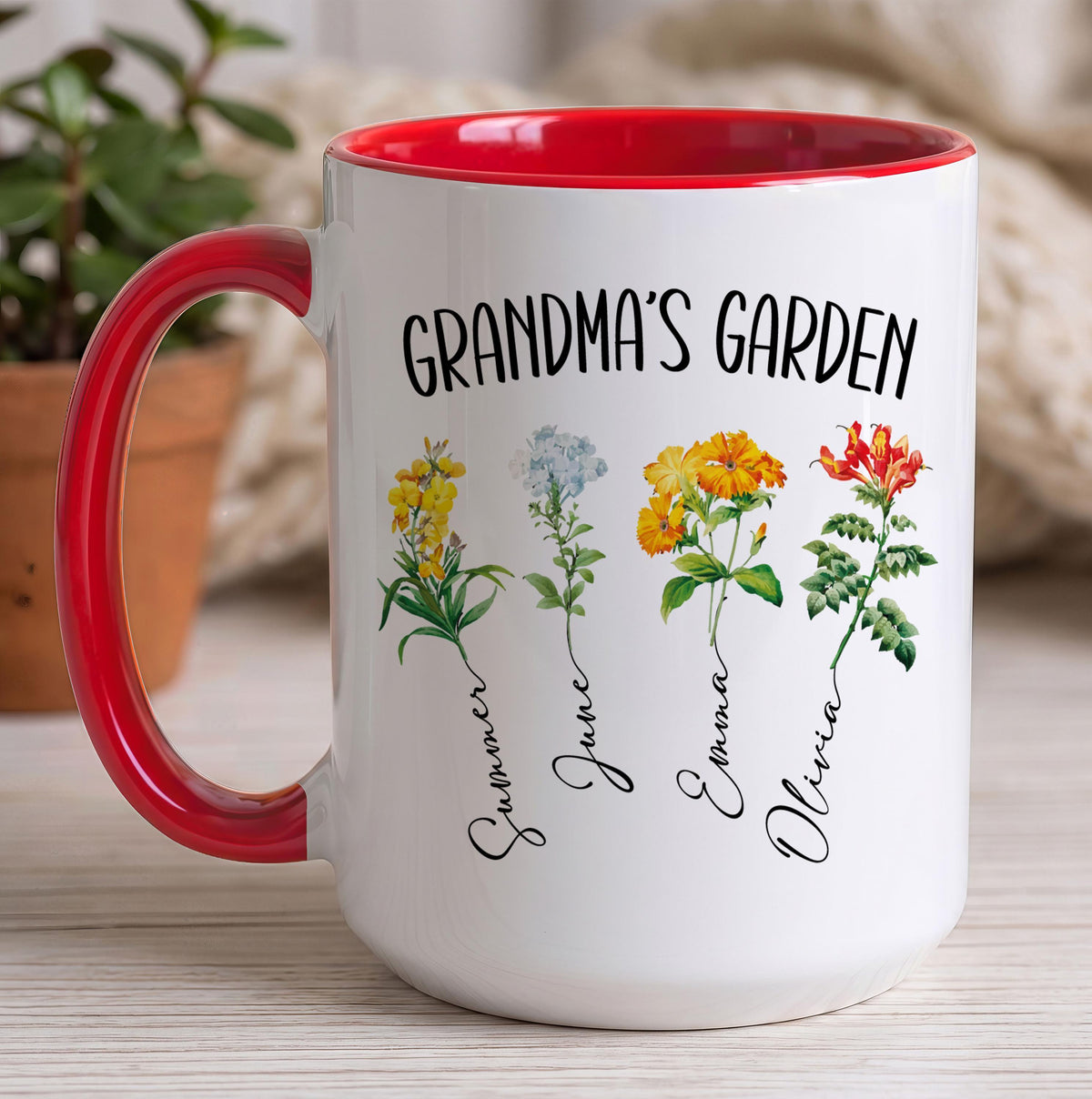Custom Name Grandkids Botanical Flowers Coffee Mug, Personalized Grandma's Garden Ceramic Tea Cup, Cute Mother Day Gift Present for Her
