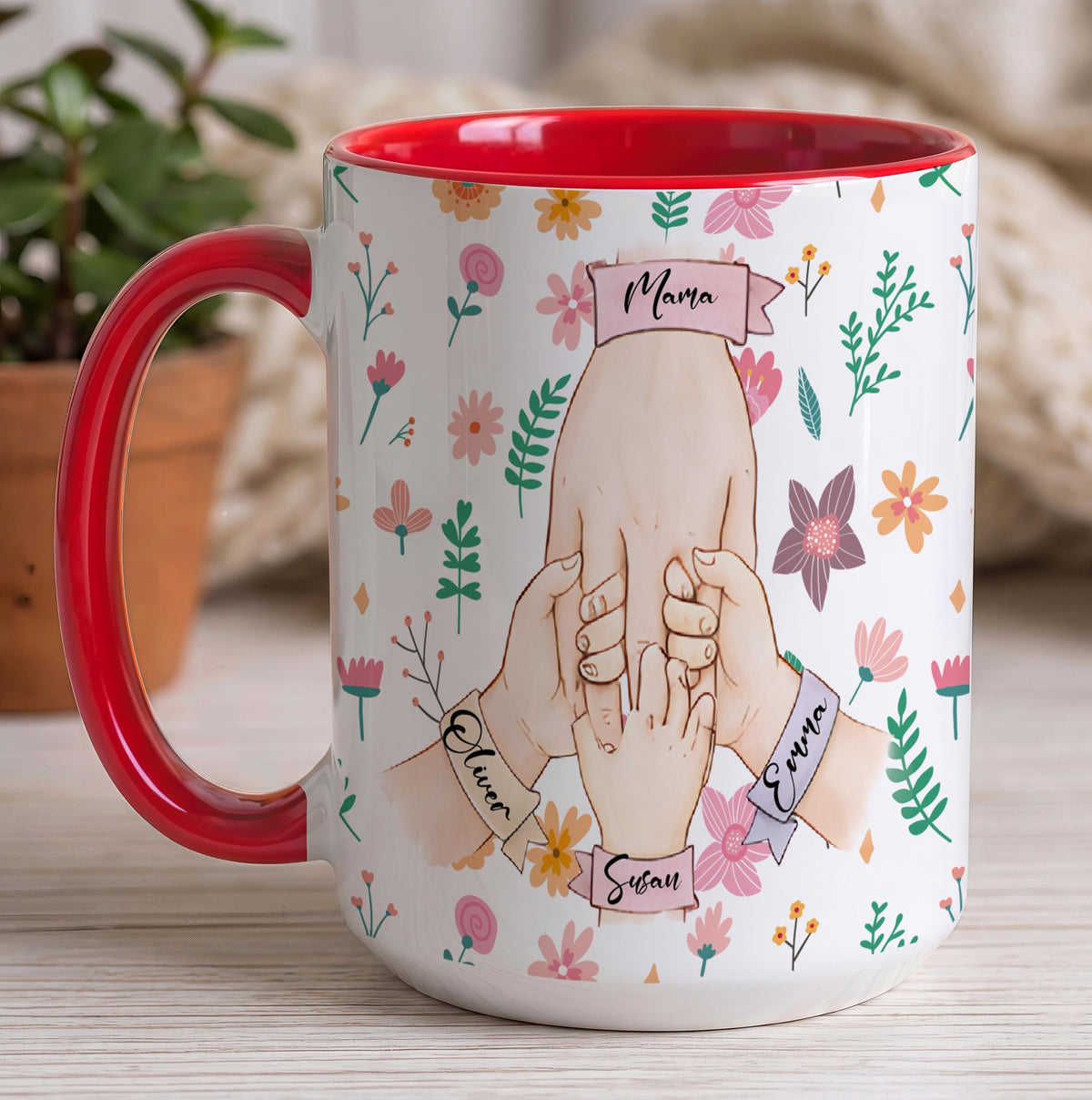 Personalized Mama Holding Hands Mug with Kids Name, Custom Mother Floral Accent Ceramic Coffee Cup, Unique Family Birthday Gift for Mom