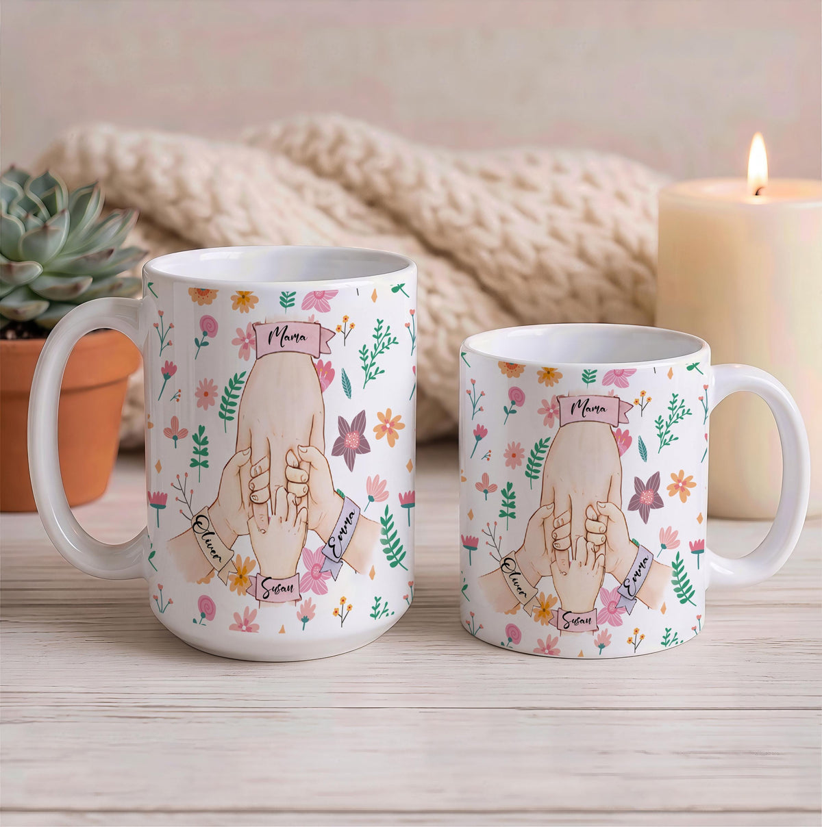 Personalized Mama Holding Hands Mug with Kids Name, Custom Mother Floral Accent Ceramic Coffee Cup, Unique Family Birthday Gift for Mom