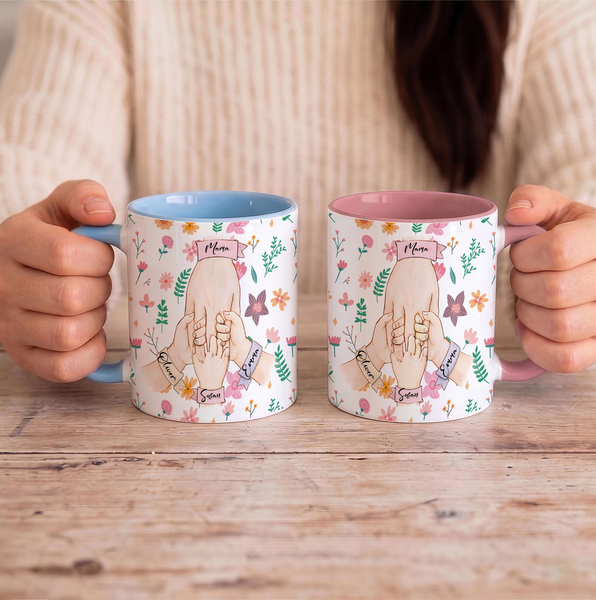 Personalized Mama Holding Hands Mug with Kids Name, Custom Mother Floral Accent Ceramic Coffee Cup, Unique Family Birthday Gift for Mom