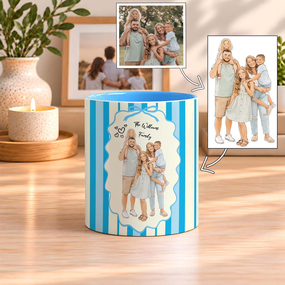 Personalized Family Portrait Accent Mug, Custom Photo Illustration Ceramic Coffee Cup, Cute Striped Frame Drinkware, Gift for Mom Dad