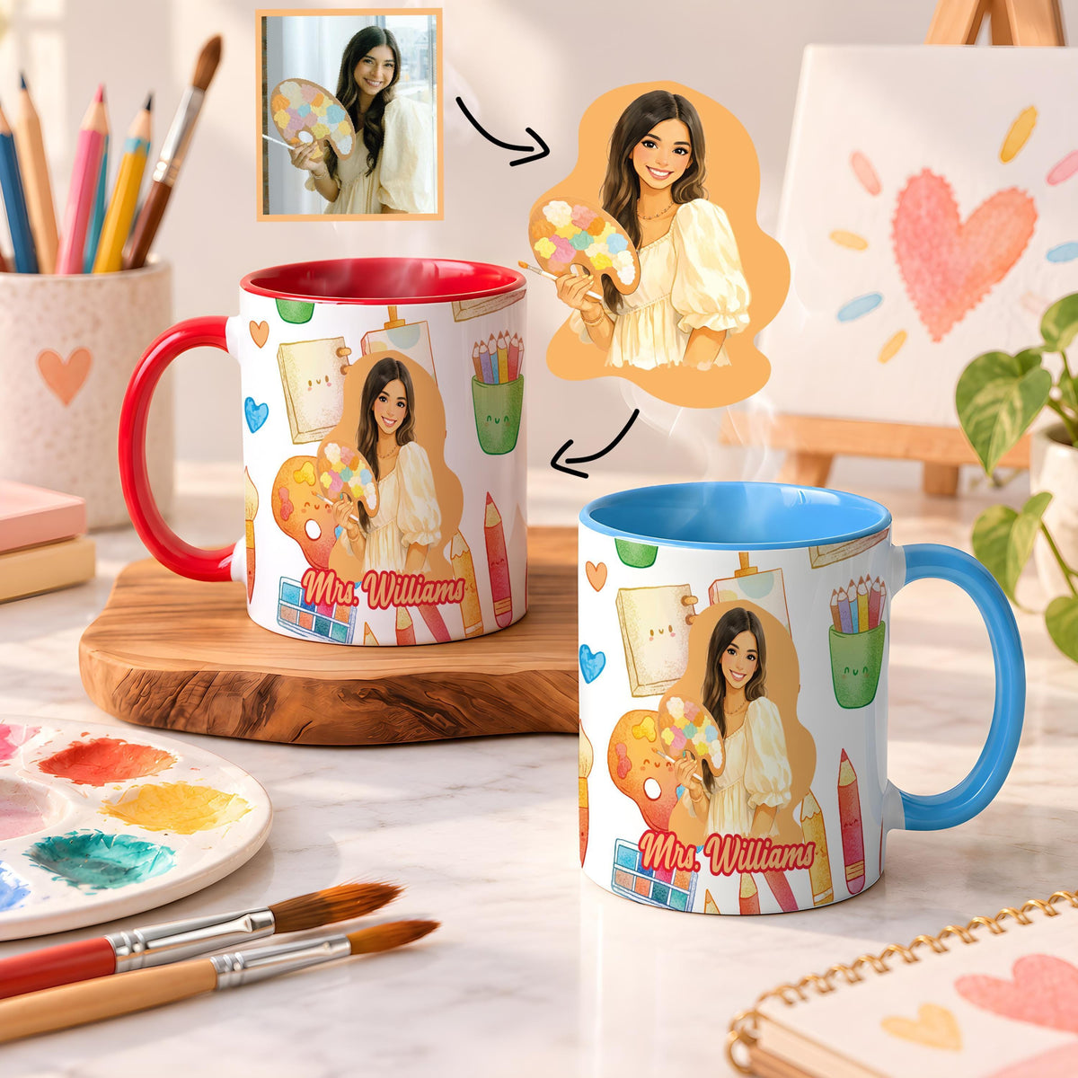 Custom Name Art Teacher Photo Portrait Mug, Personalized Picture Drawing Teacher Accent Coffee Cup, Educator Appreciation Gift