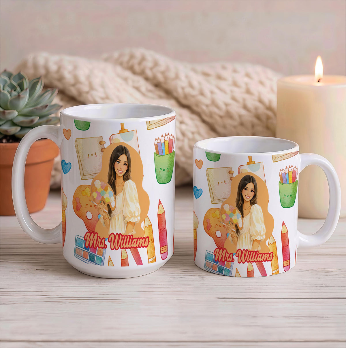Custom Name Art Teacher Photo Portrait Mug, Personalized Picture Drawing Teacher Accent Coffee Cup, Educator Appreciation Gift