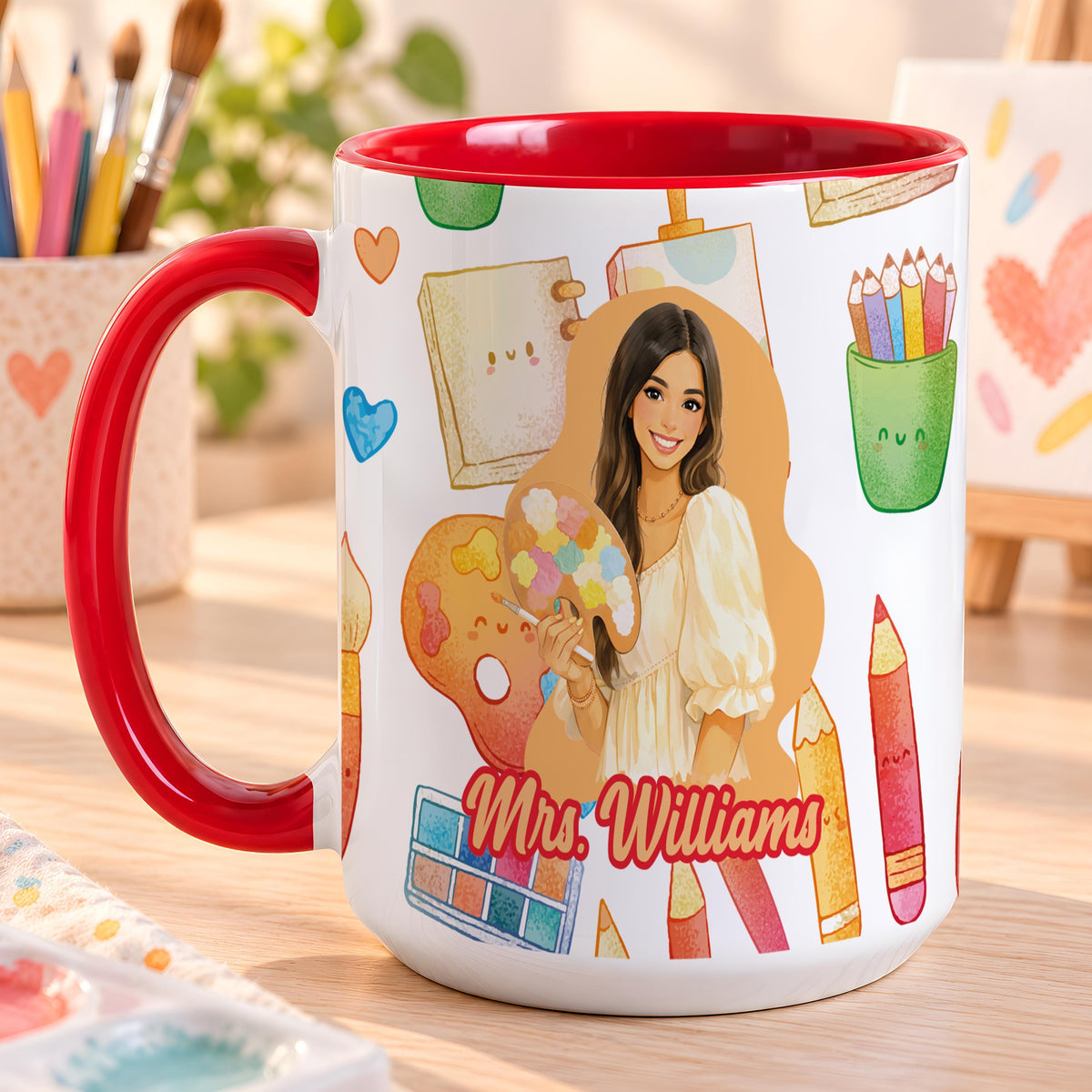 Custom Name Art Teacher Photo Portrait Mug, Personalized Picture Drawing Teacher Accent Coffee Cup, Educator Appreciation Gift