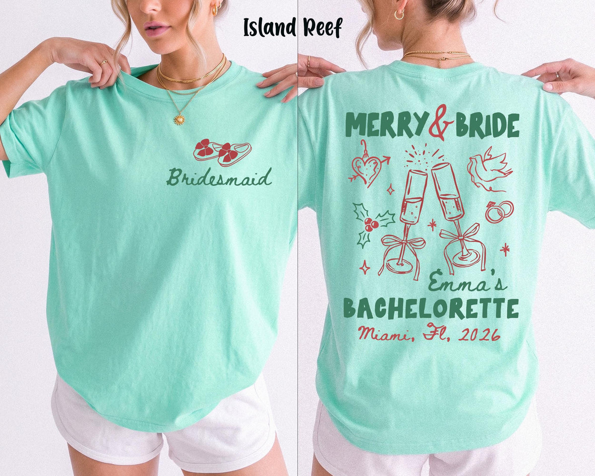 Personalized Merry Bride Comfort Colors® T-Shirt, Christmas Bachelorette Party Tee