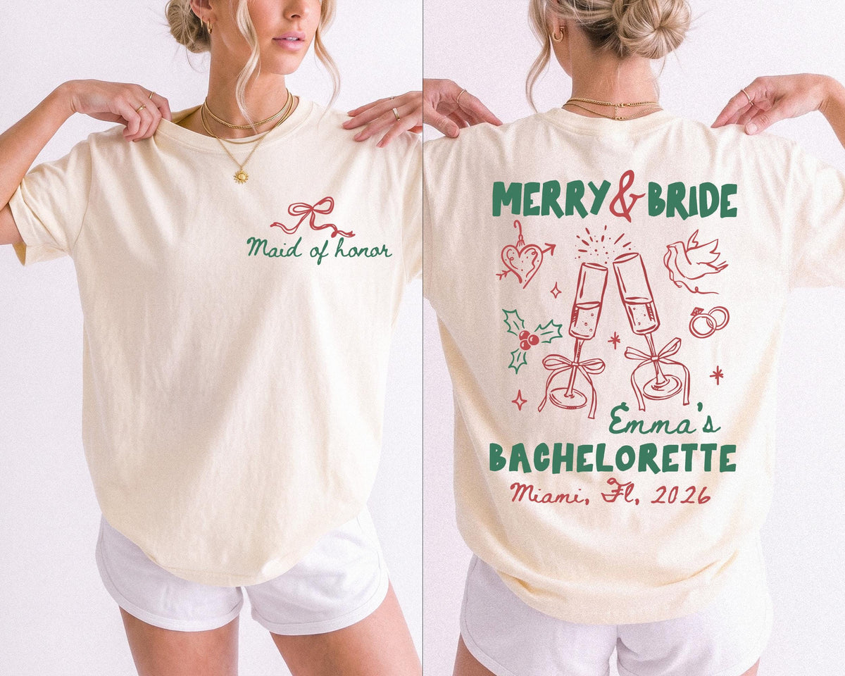 Personalized Merry Bride Comfort Colors® T-Shirt, Christmas Bachelorette Party Tee