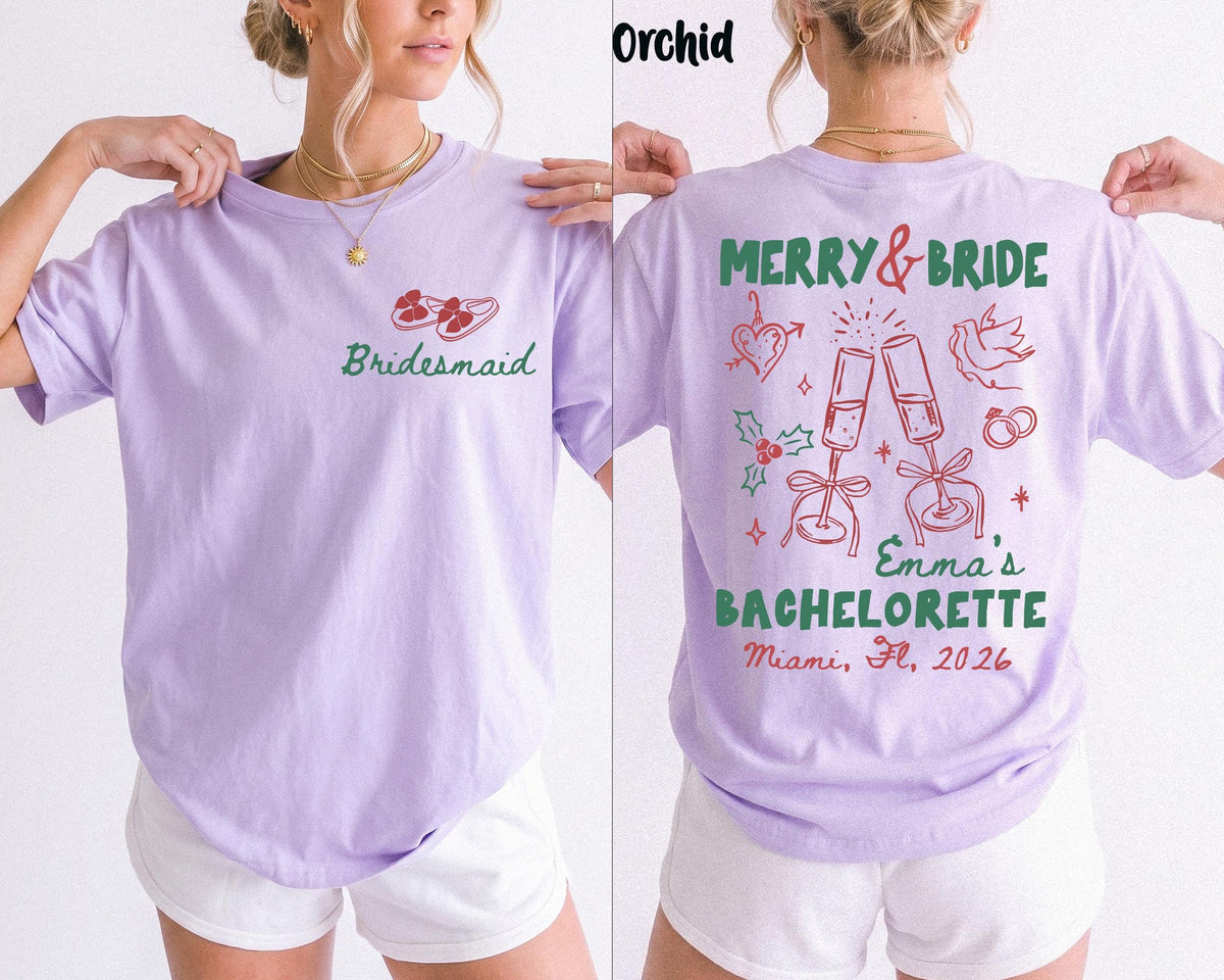 Personalized Merry Bride Comfort Colors® T-Shirt, Christmas Bachelorette Party Tee