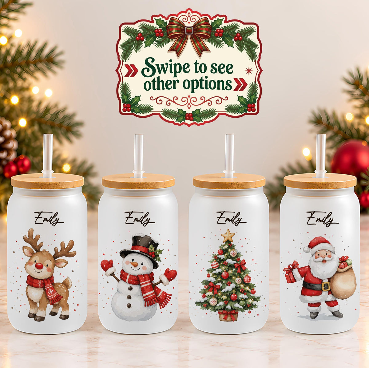 Custom Name Christmas Character Glass Can Cup, Personalized Holiday Bamboo Lid Tumbler